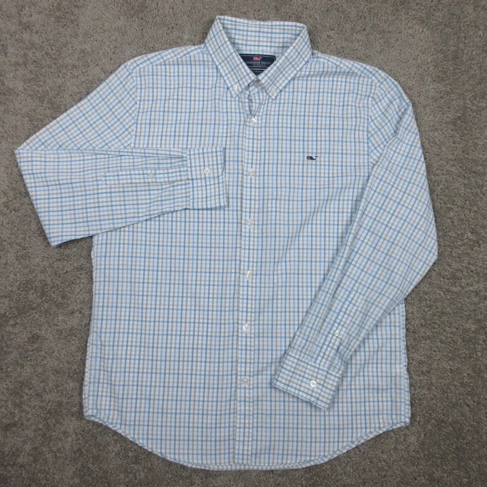 Vineyard Vines Shirt Mens Large Blue Plaid Slim Fit Whale Performance Button Up